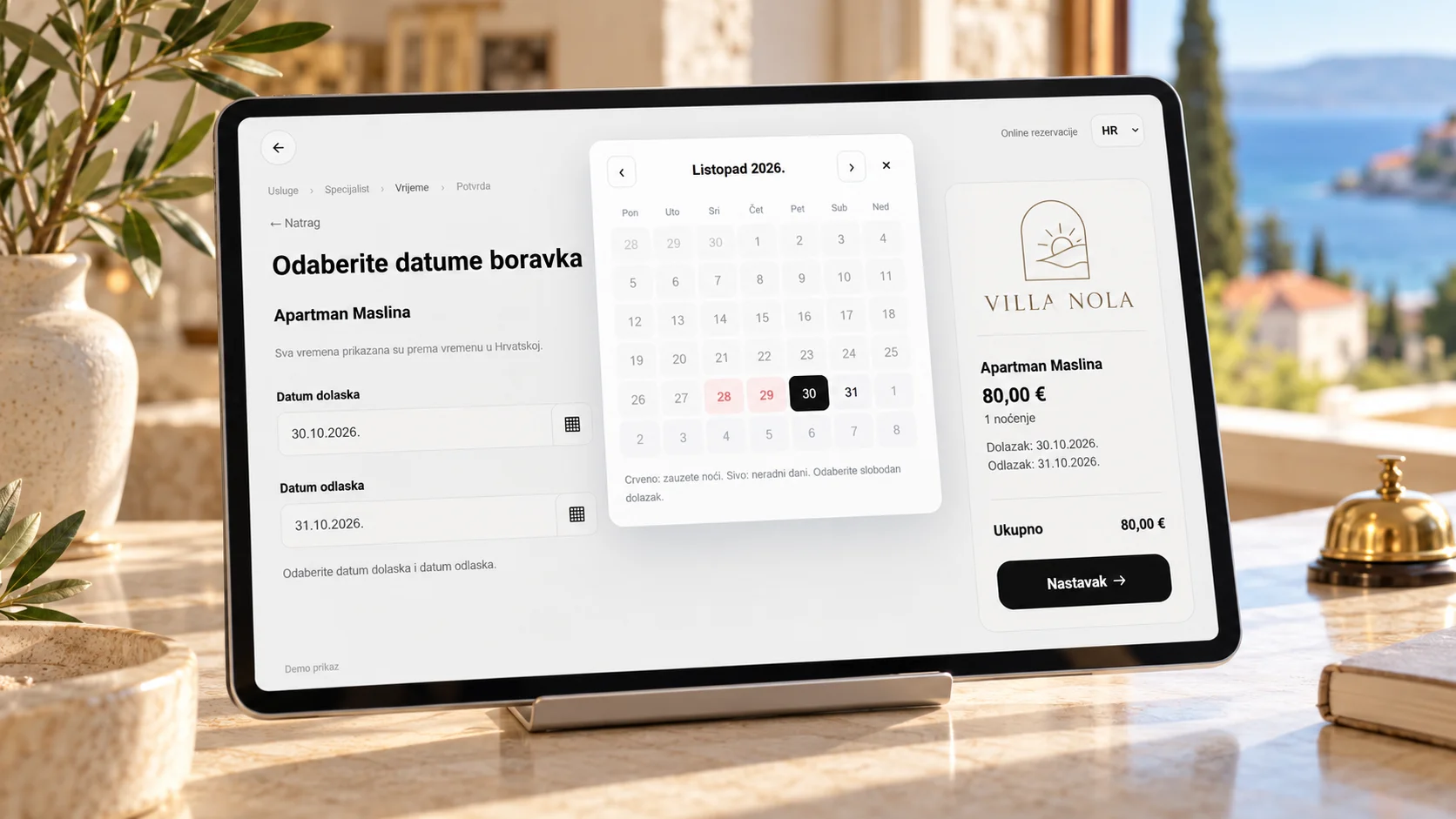 Tablet s kalendarom rezervacije boravka u vili